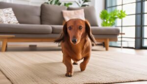 室内を歩くロングヘアーダックスフンド