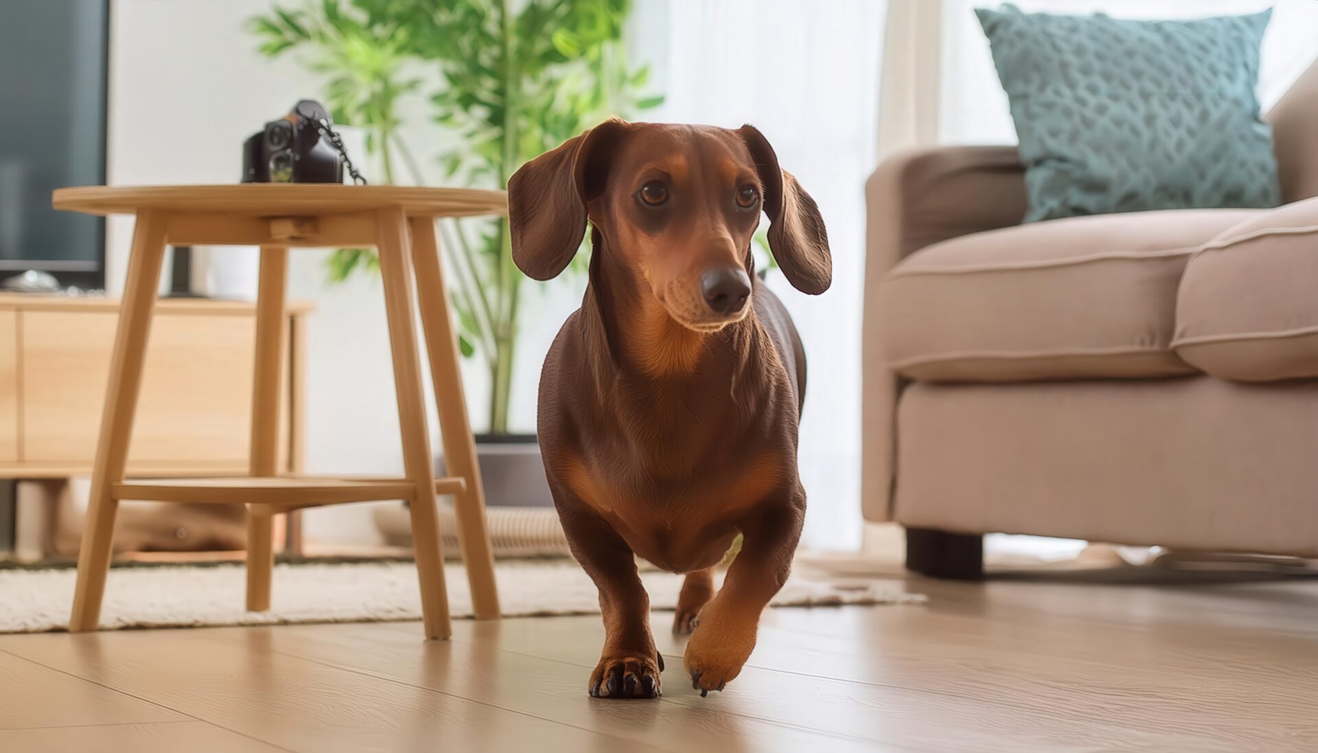 室内を歩くダックスフンド