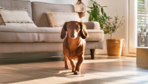 夕日差し込むリビングとダックスフンド