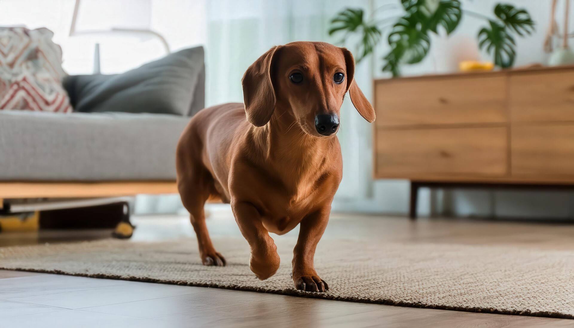 カーペットの上を歩くダックスフンド