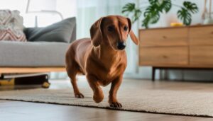 カーペットの上を歩くダックスフンド