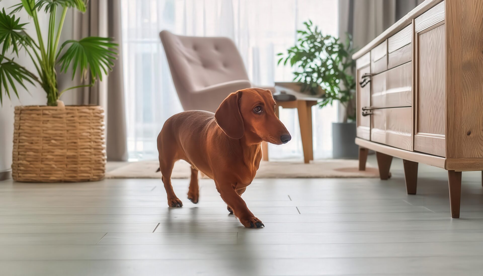 すっきりした室内を歩くダックスフンド