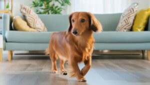 水色ソファの前を歩くダックスフンド