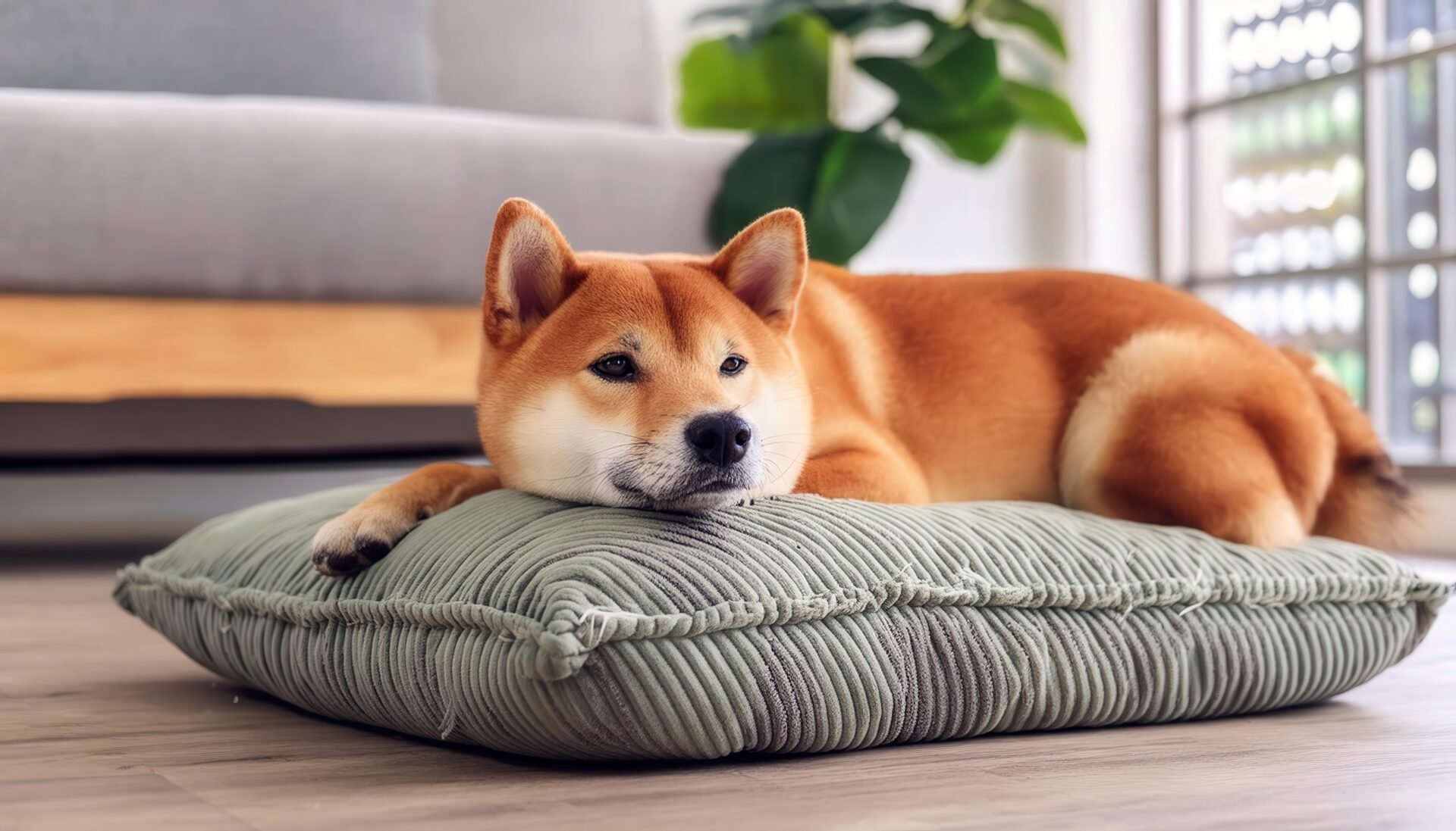 クッションでくつろぐ柴犬