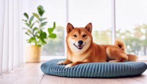 明るい部屋で微笑む柴犬