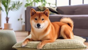 クッションの上に座る柴犬