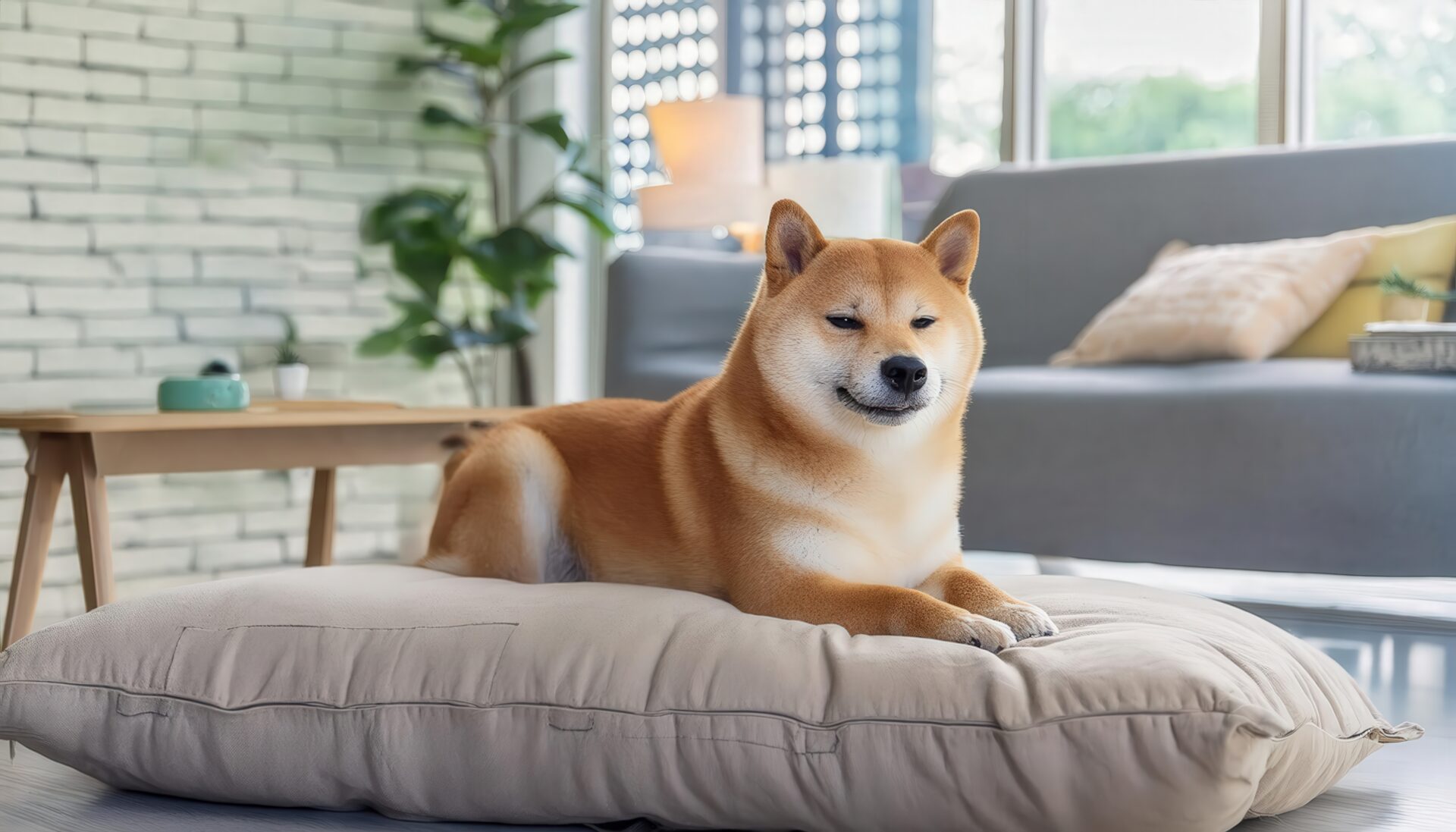 クッションに伏せて微笑む柴犬