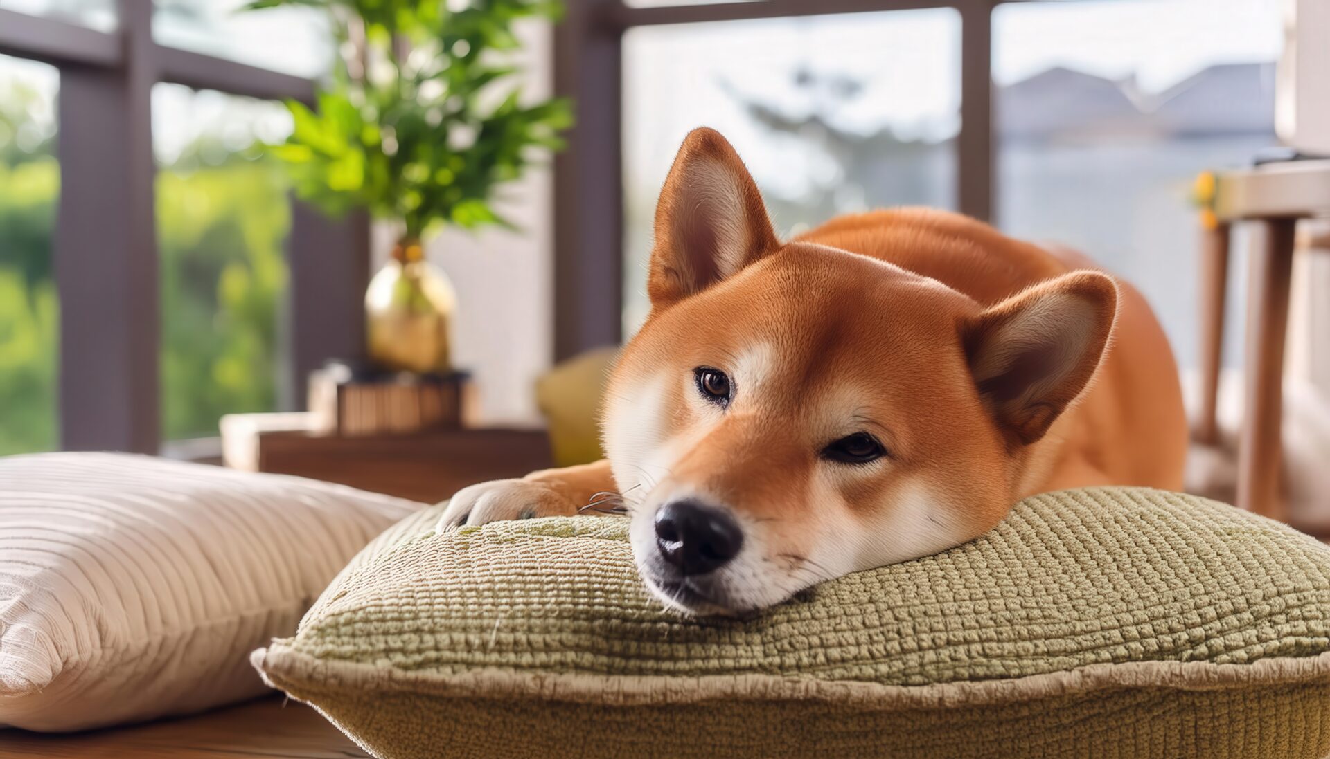 横になってこちらを見る柴犬