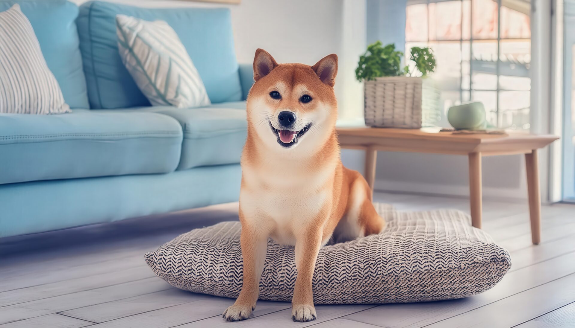 明るい部屋で立つ柴犬