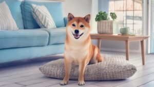 明るい部屋で立つ柴犬