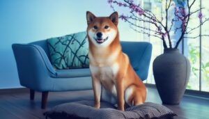 ソファ前で座る柴犬