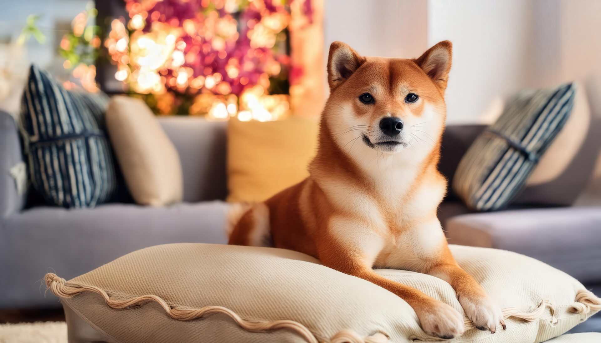 華やかな背景の柴犬