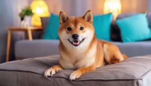 カラフルな部屋の柴犬