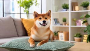 棚の前で微笑む柴犬