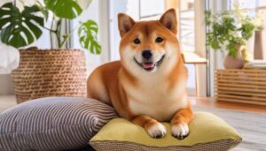 観葉植物とクッションの柴犬