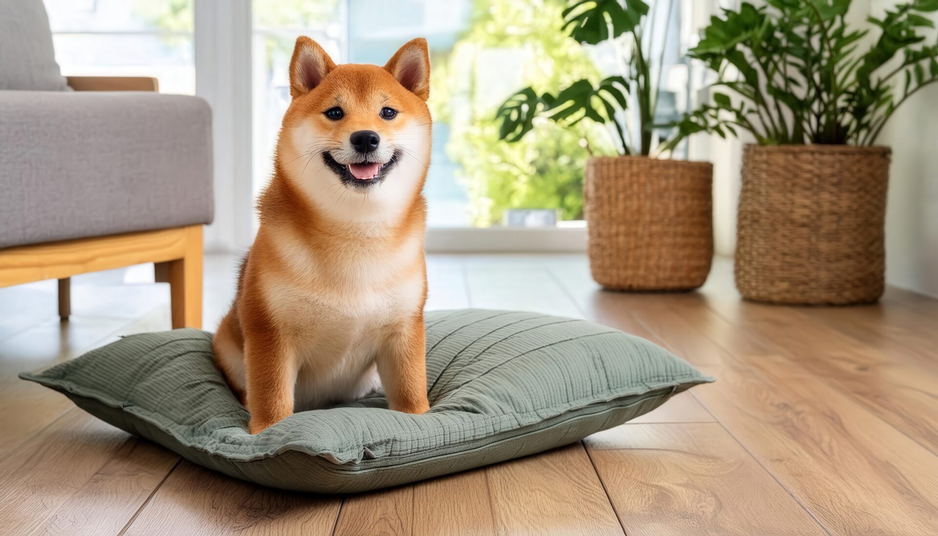 フローリングに座る柴犬