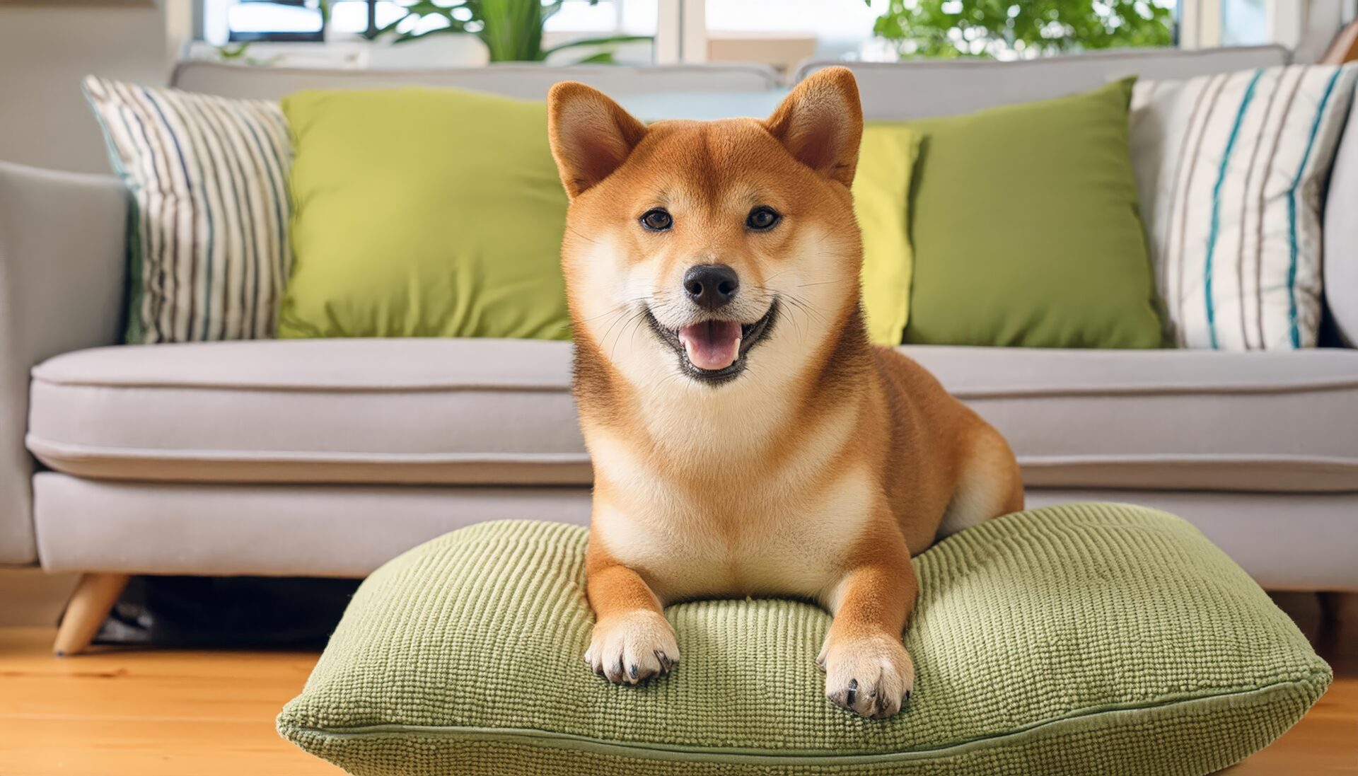 緑のソファ前の柴犬