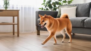室内を歩く柴犬