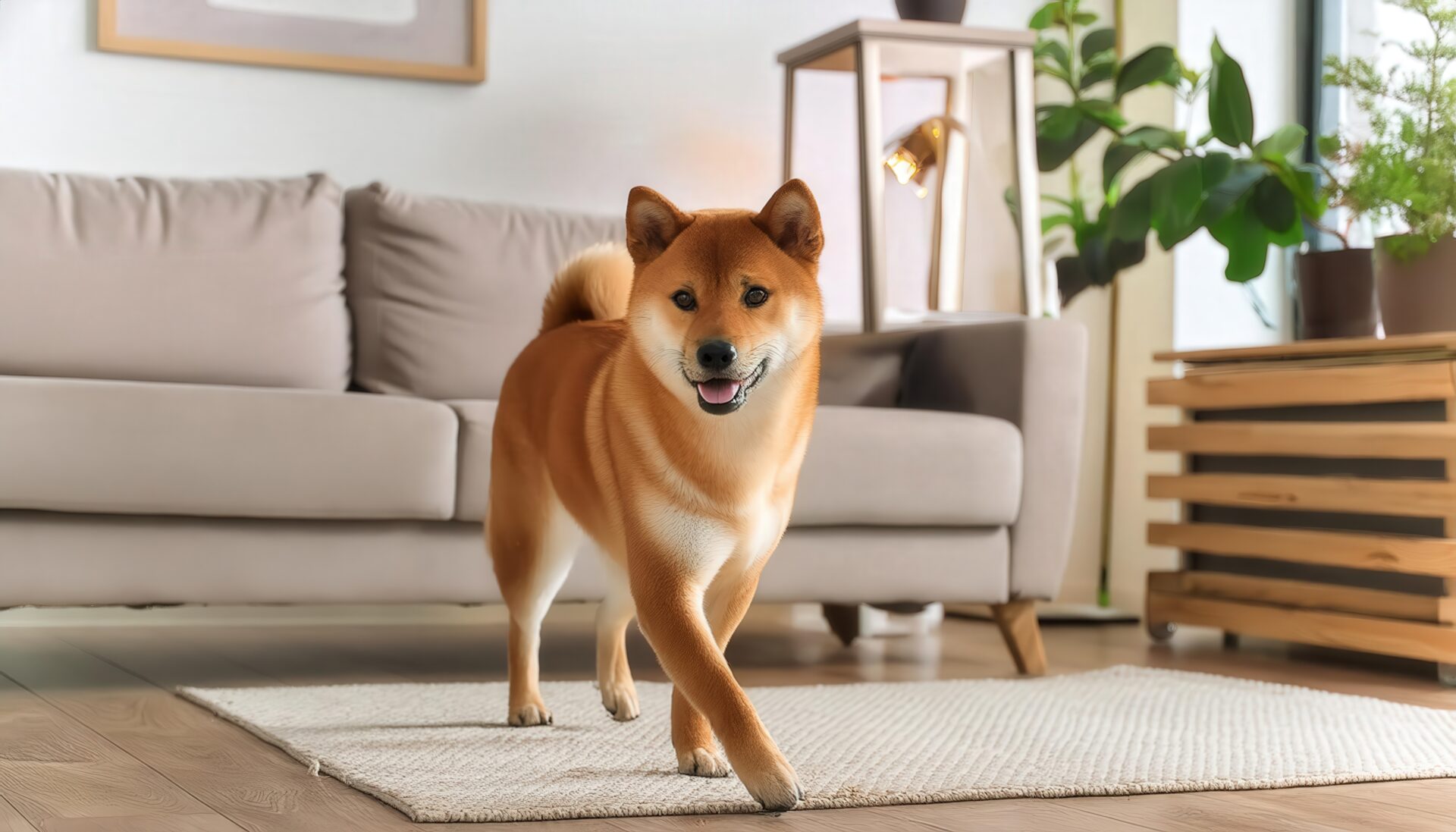 カーペットの上を歩く柴犬