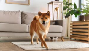 カーペットの上を歩く柴犬