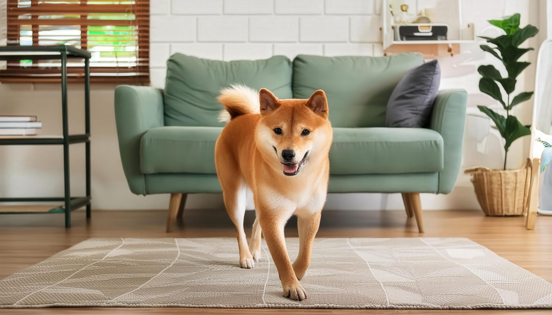 緑のソファと柴犬