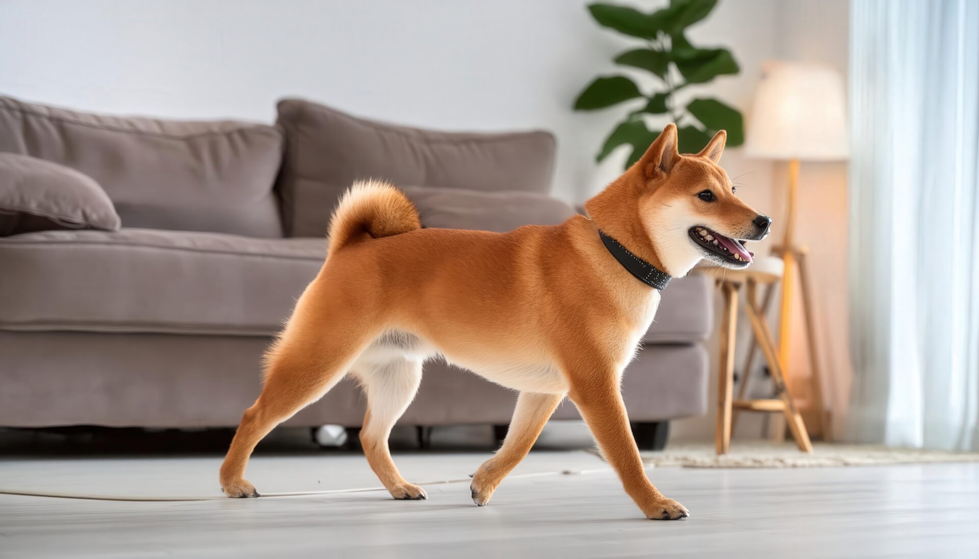 室内で歩く柴犬