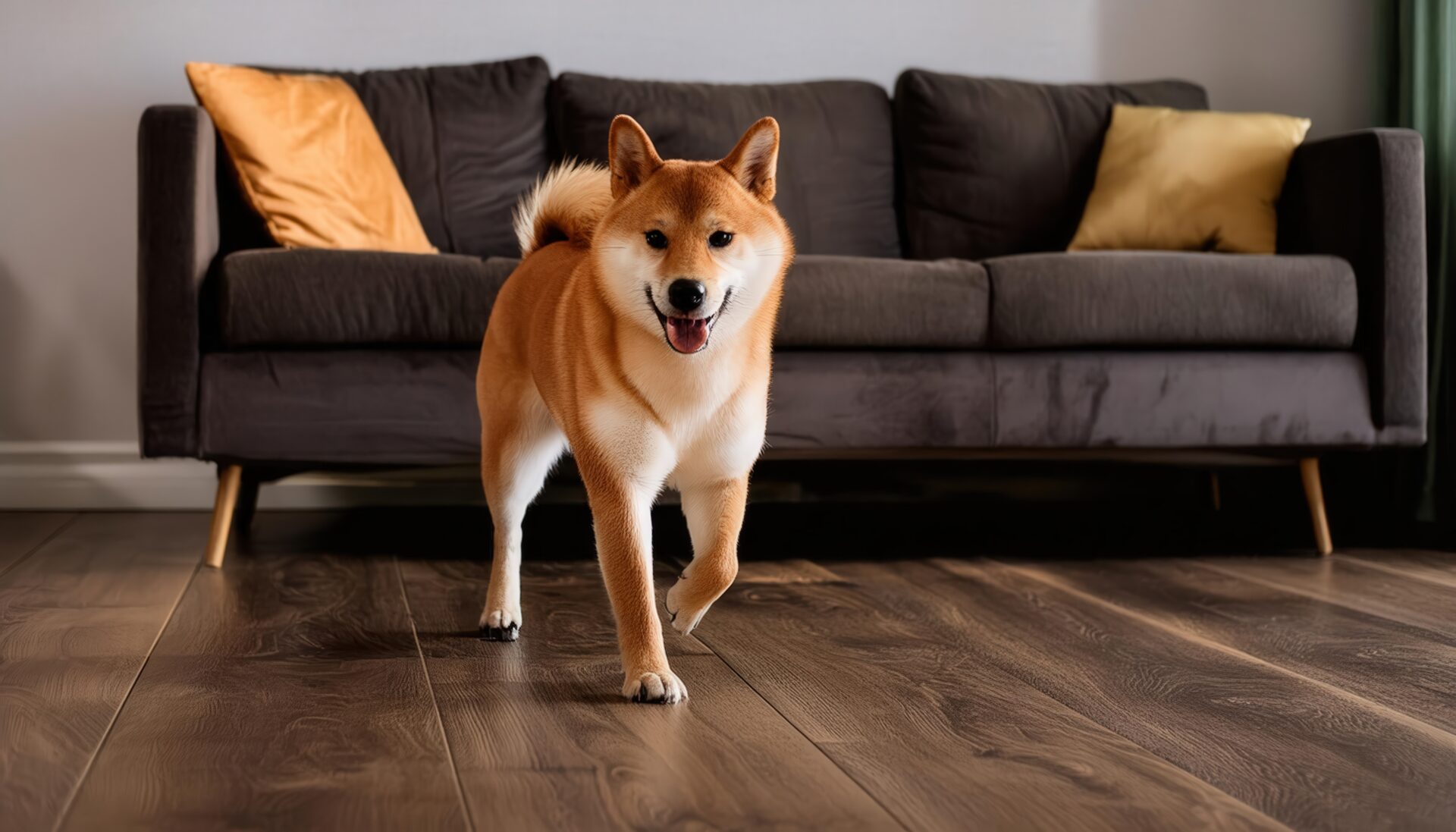 暗めの部屋で歩く柴犬