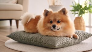 明るい部屋でリラックスするポメラニアン