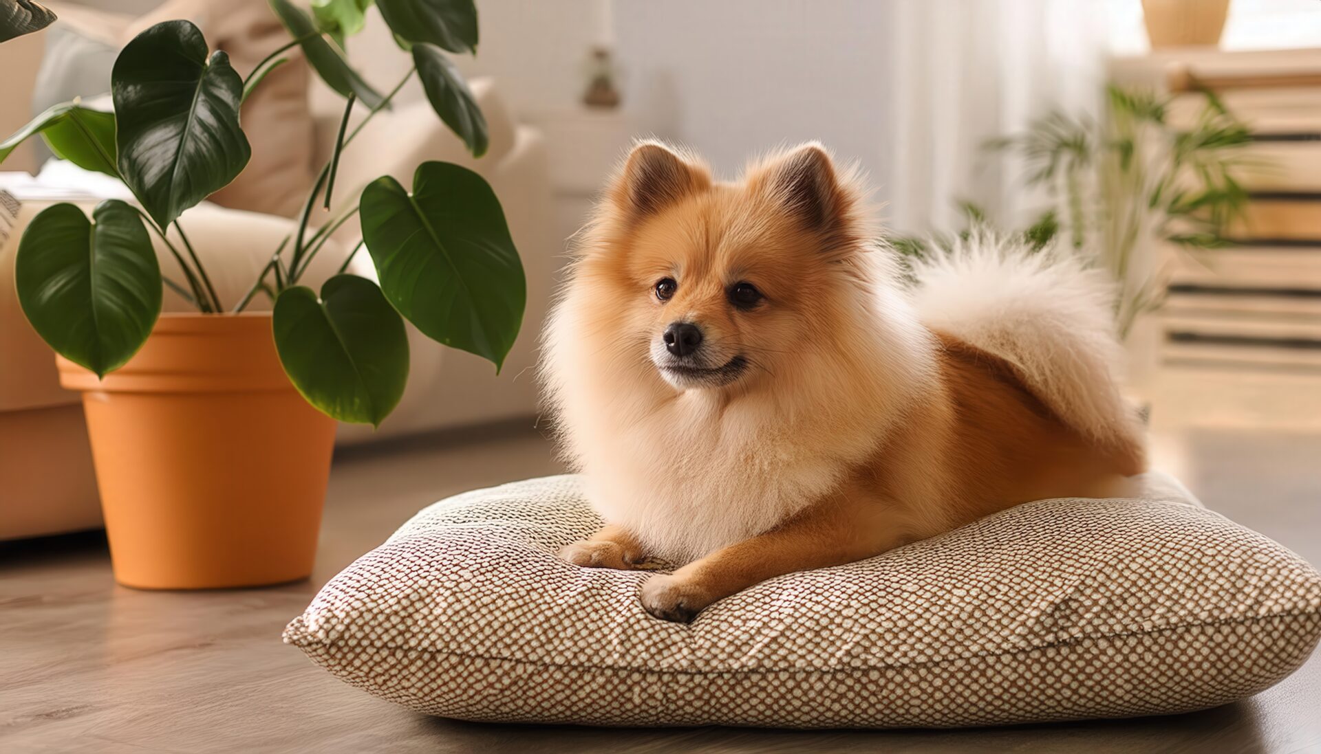 観葉植物とポメラニアン