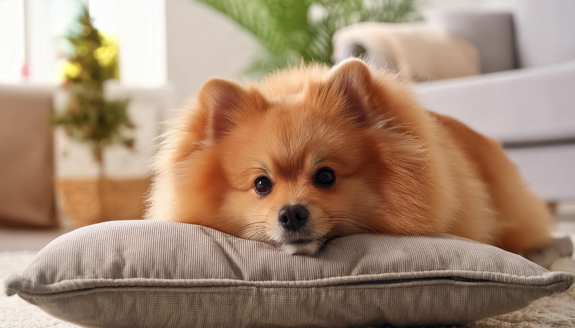 クッションに顔を乗せるポメラニアン