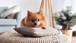 クッションの上でくつろぐポメラニアン