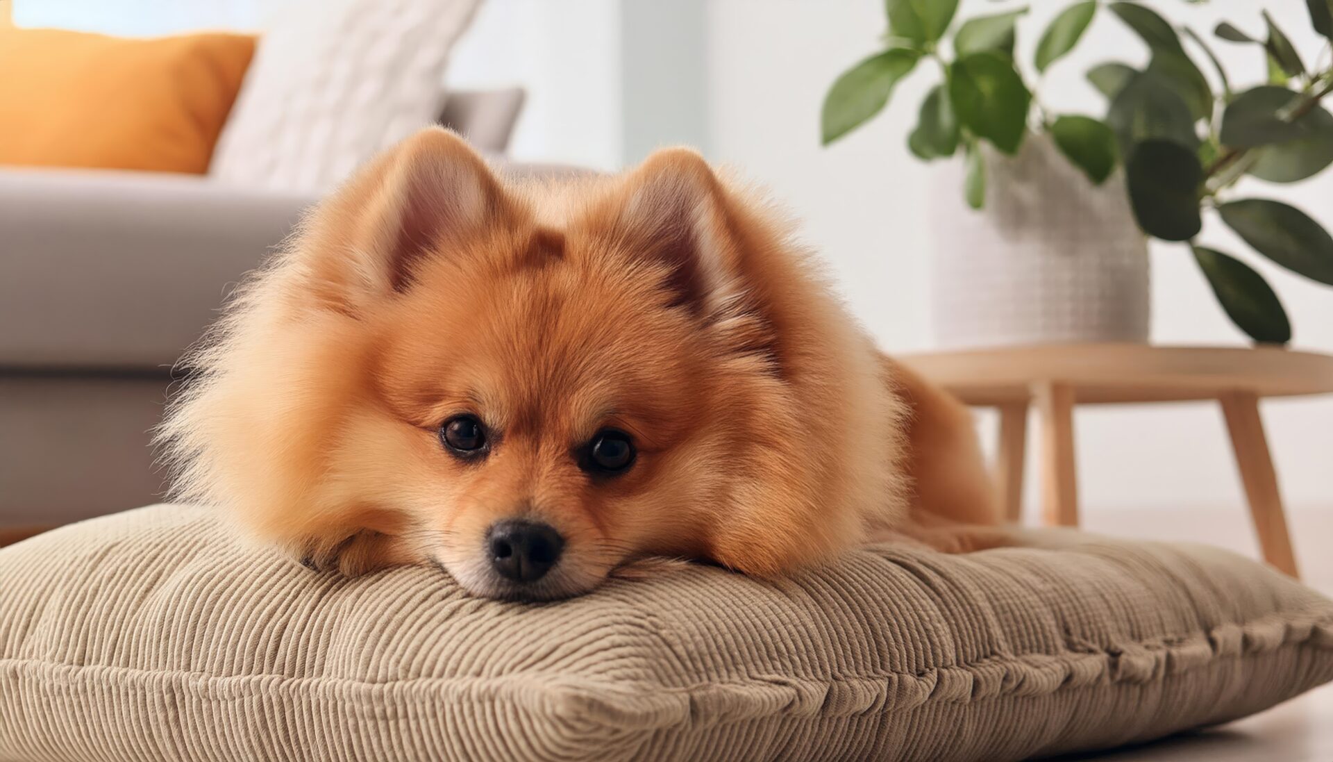 伏せてこちらを見るポメラニアン