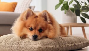 伏せてこちらを見るポメラニアン