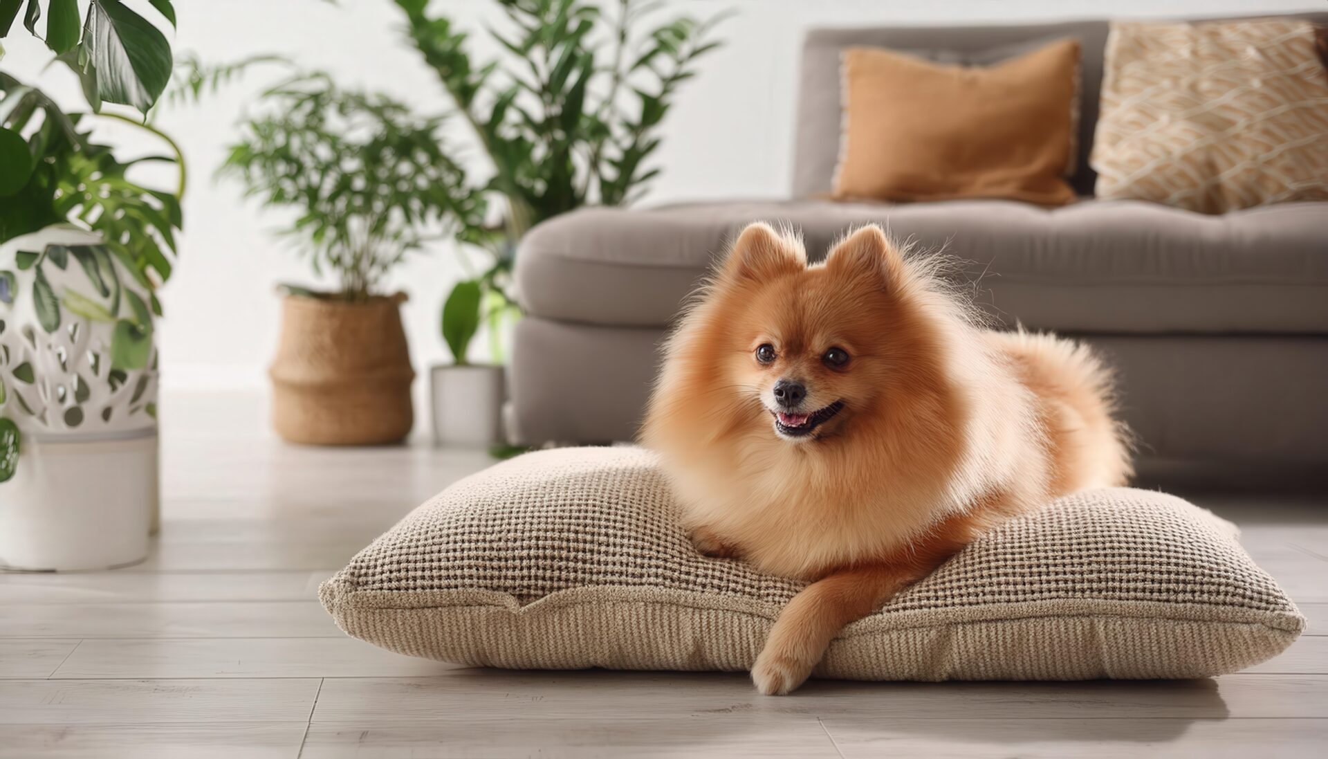 おしゃれな部屋でくつろぐポメラニアン