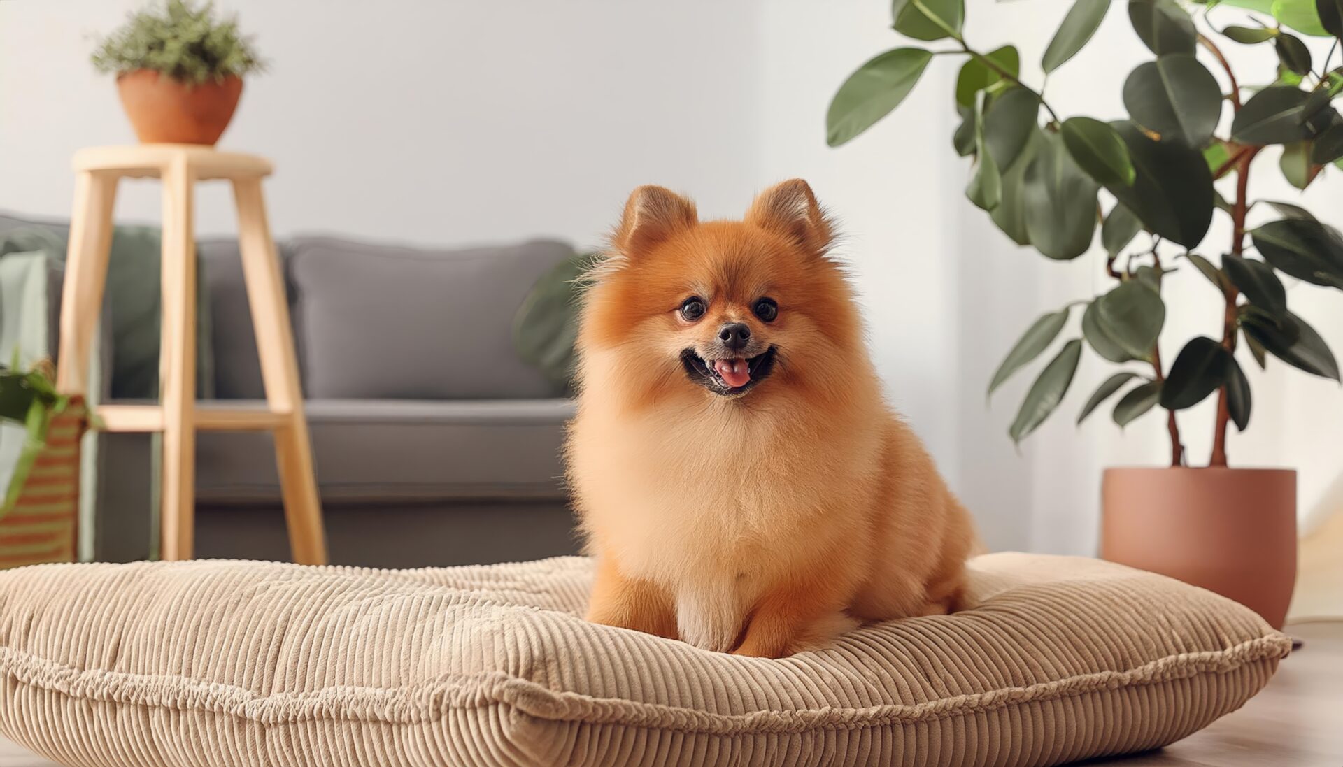 クッションの上で座るポメラニアン