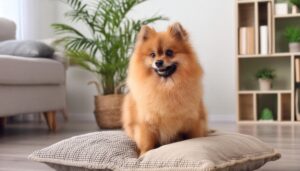 明るい室内で笑顔のポメラニアン