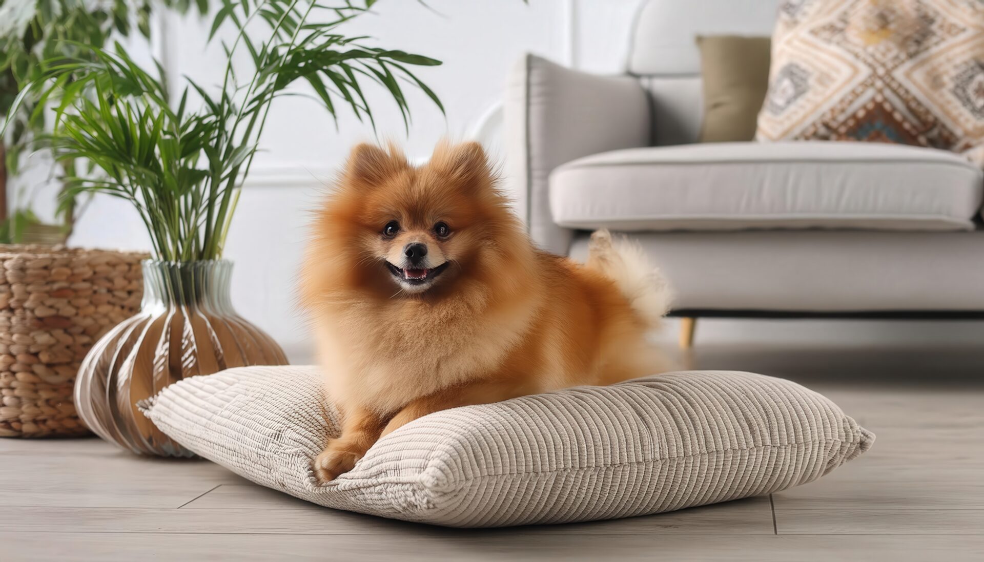 クッションに乗るポメラニアン