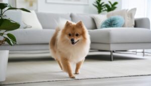 明るい部屋を歩くポメラニアン