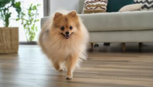 ソファ前を歩くポメラニアン