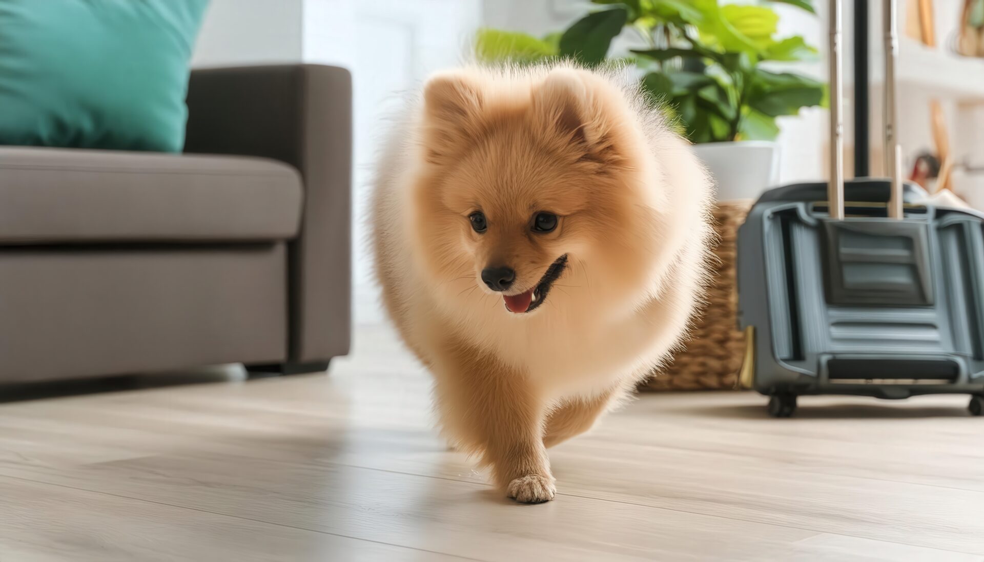 室内を歩くポメラニアンとスーツケース