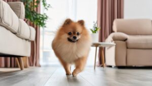 明るい室内を元気に歩くポメラニアン
