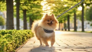 公園を散歩するポメラニアン（夕暮れ）