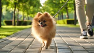 緑の並木道を歩くポメラニアン