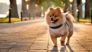 石畳を歩くポメラニアンと夕日