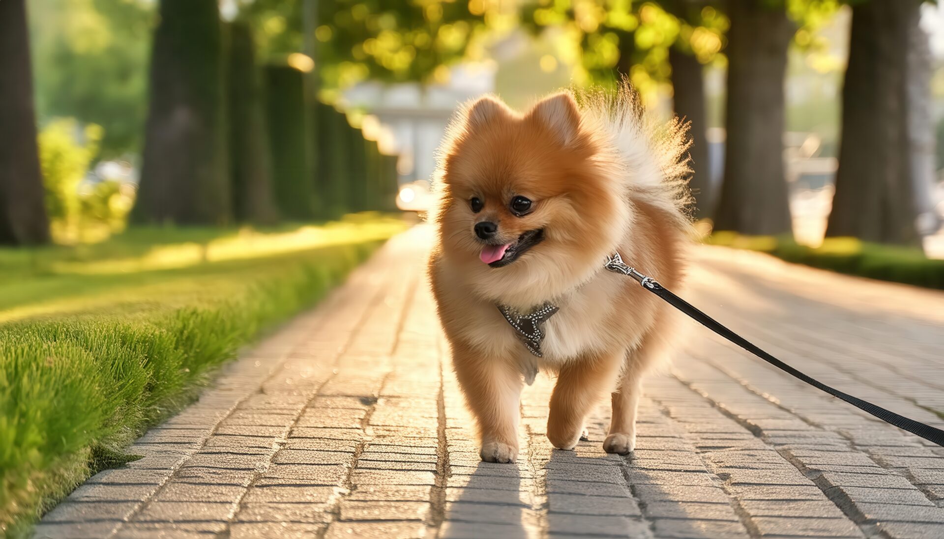 公園を散歩するポメラニアン