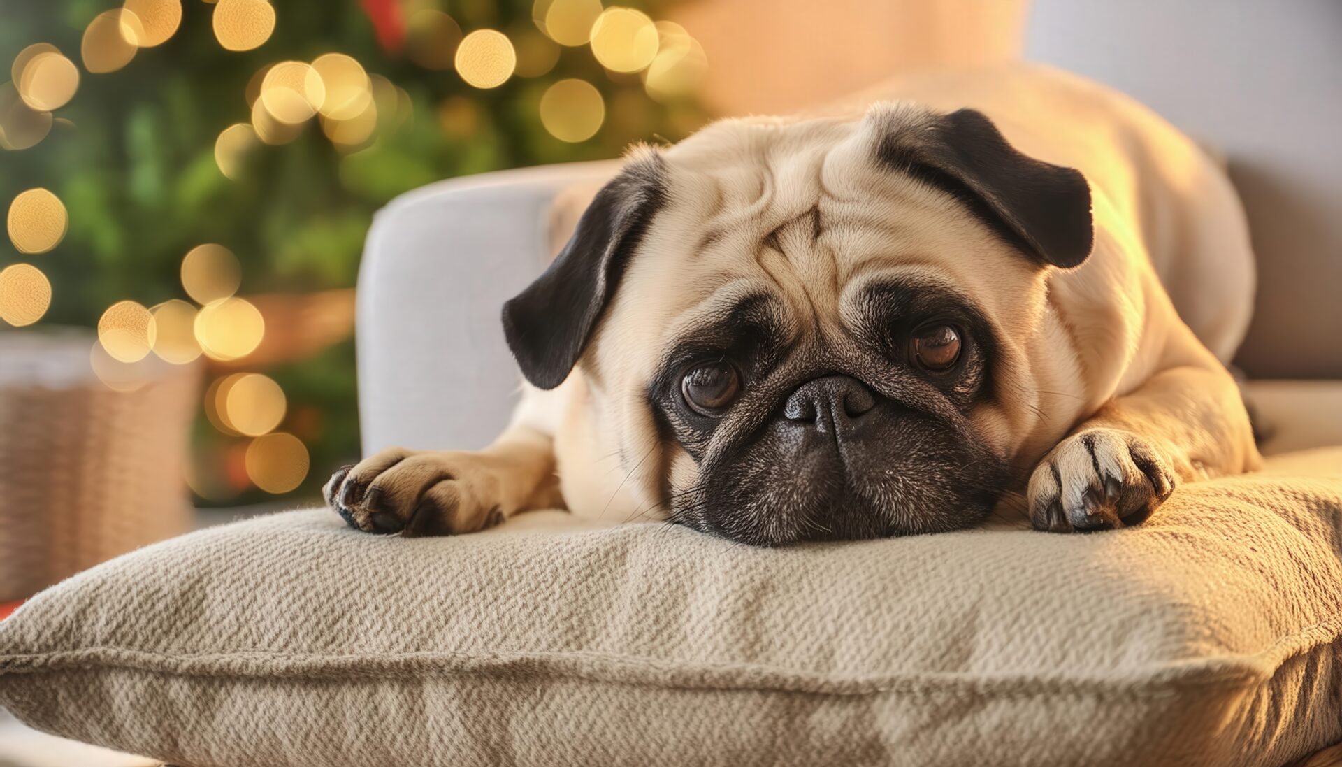 ソファでくつろぐパグ