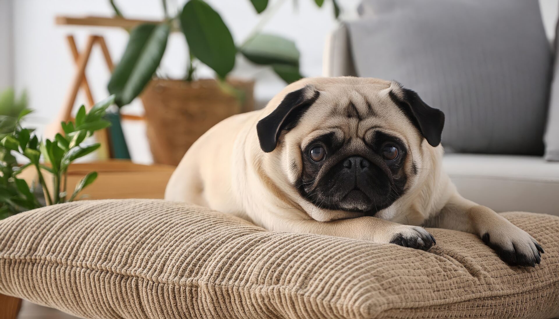 観葉植物とパグ