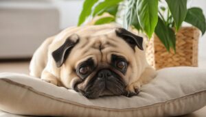 クッションに顔を埋めるパグ