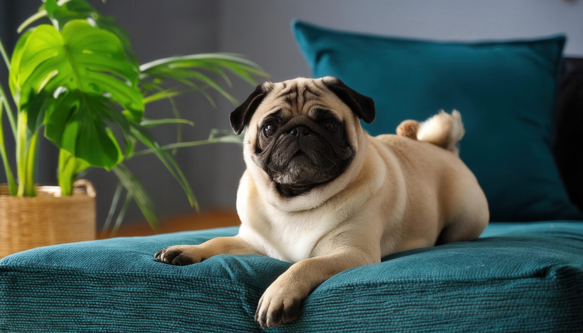 ソファの上のパグと観葉植物