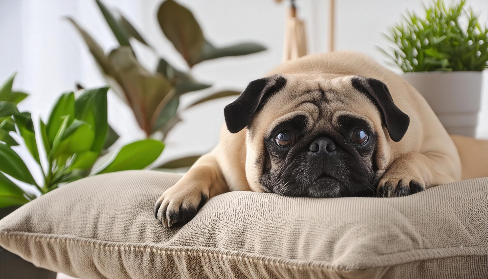 観葉植物に囲まれたパグ
